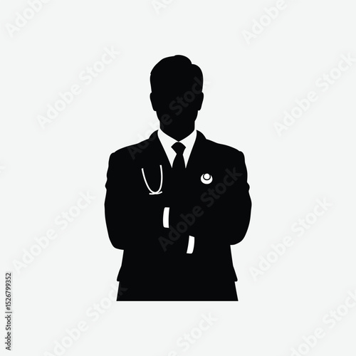 Flat black silhouette of male doctor in formal attire with stethoscope and crossed arms on white background – ideal for healthcare, medical, and hospital designs.