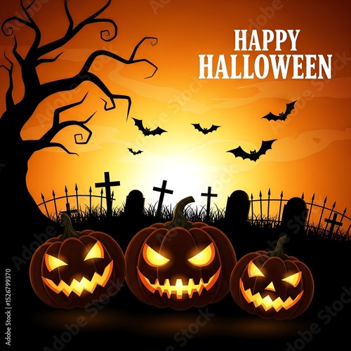 Spooky halloween scene with carved pumpkins bats graveyard and orange sunset background.