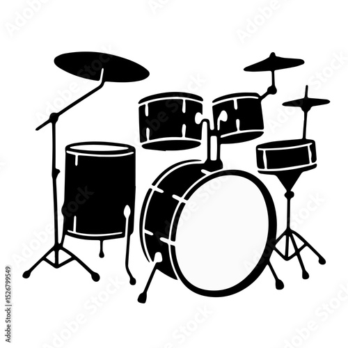 A black and white illustration of a drum kit.