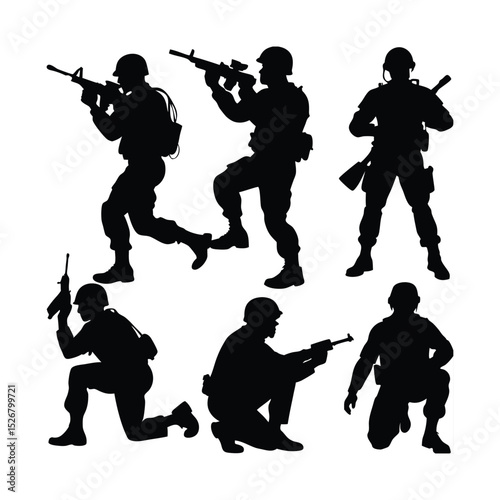 silhouette illustrations of military soldiers in various dynamic poses