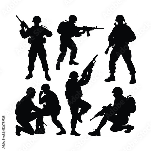 silhouette illustrations of military soldiers in various dynamic poses