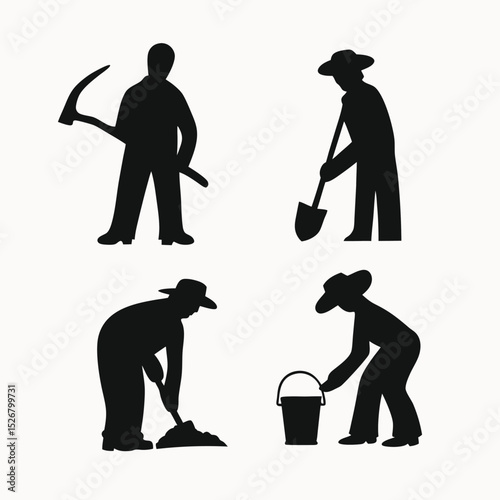 Silhouette Illustrations of Farmers Working Harvesting, Digging, and Planting