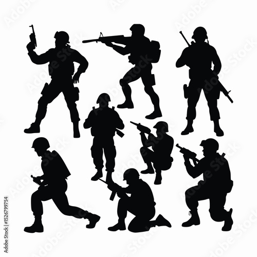 silhouette illustrations of military soldiers in various dynamic poses