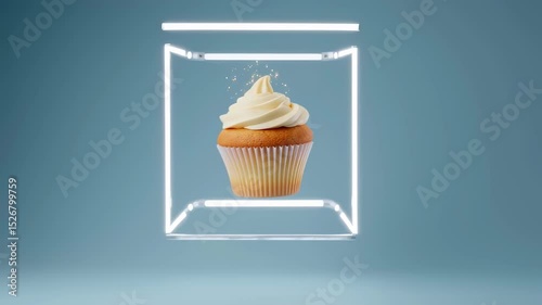 Vanilla cupcake hovering in surreal neonframe with flying sprinkles photo