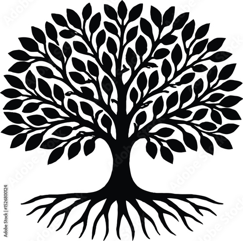 A black and white illustration of a tree with lush leaves and a complex root system