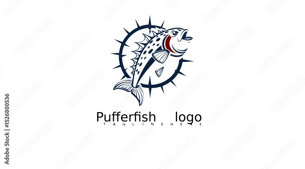 Fototapeta premium Tropical marine pufferfish logo vector in flat cartoon line art for educational materials, seafood packaging, aquarium branding visuals, and spiky fish icon branding templates.