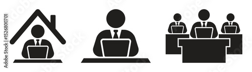 Office worker vector icon collection using laptop. Man working on computer flat graphic design. Vector Illustration