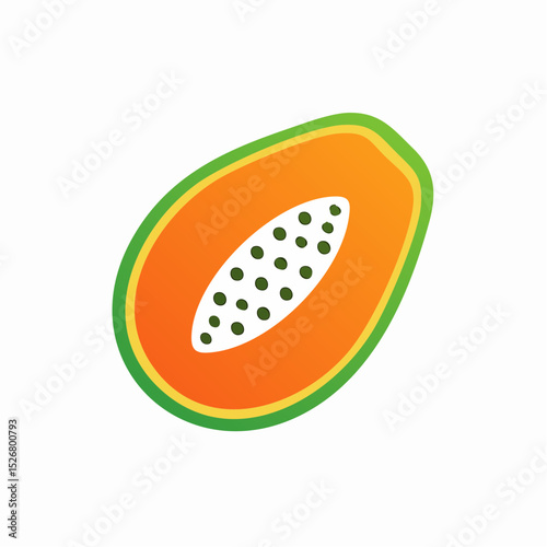 Ripe Orange And Green Papaya Fruit Half Illustration