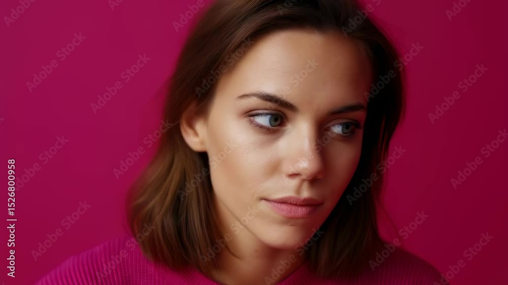 Contemplative woman in pink sweater against bright magenta background looking thoughtfully and blinking Contemplative woman in pink sweater against bright magenta background looking thoughtfully and blinking