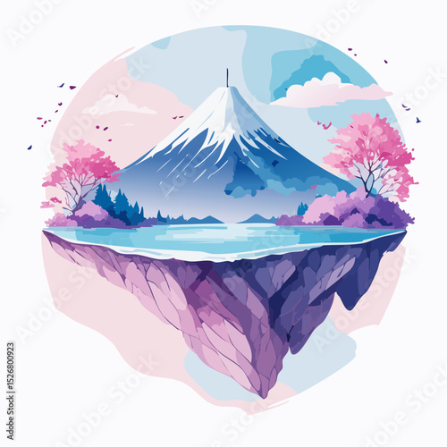 Serene Floating Island Landscape with Mount Fuji and Cherry Blossoms