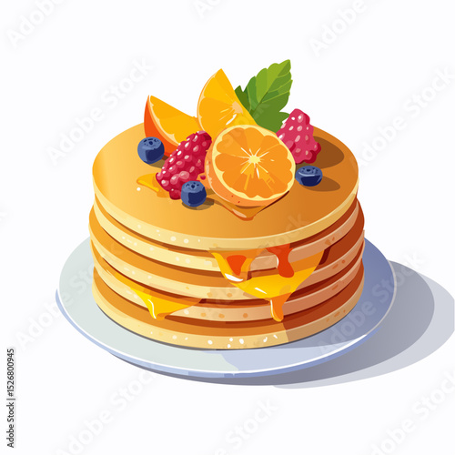Stack of Pancakes Topped with Fresh Fruit and Honey