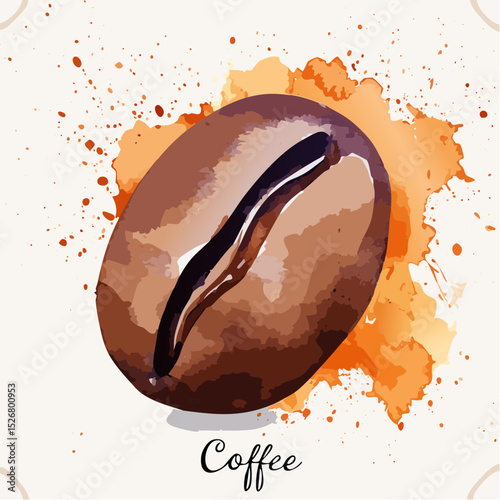 Single Roasted Coffee Bean Watercolor Splash Illustration