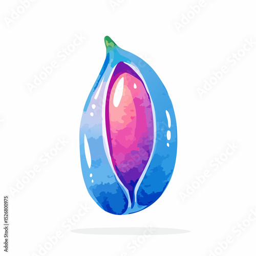 Stylized Blue Fig Illustration with Pink and Purple Interior