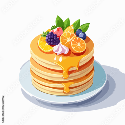 Stack of Pancakes Topped with Orange Slices Berries and Whipped Cream