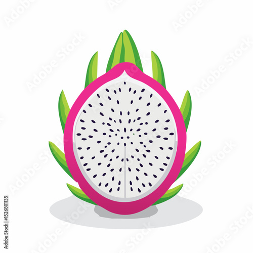Vibrant Pink Dragon Fruit Illustration with Green Leaves