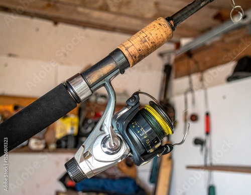 fishing pole rod and reel hanging in a garage