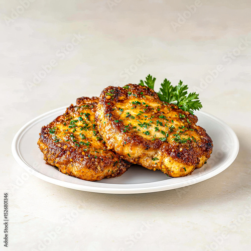 Two golden air fryer pork chops with mustard seed crust and fresh parsley on a white plate.