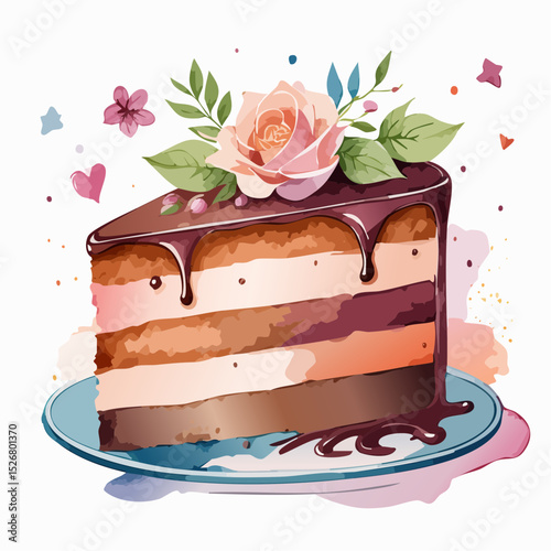 Watercolor Chocolate Cake Slice with Rose Decoration