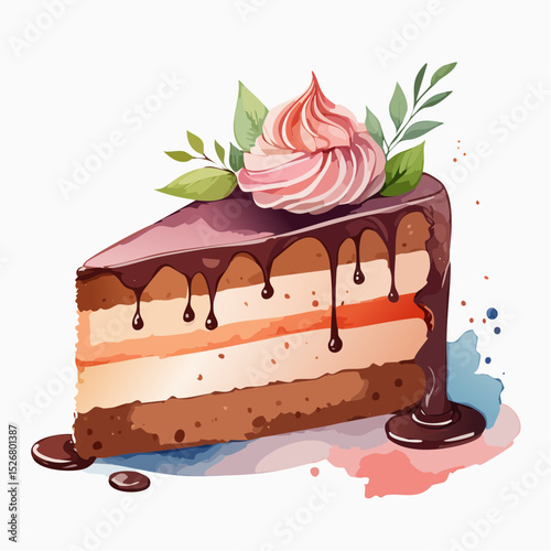 Watercolor Illustration of Delicious Chocolate Cake Slice with Marshmallow and Floral Decoration
