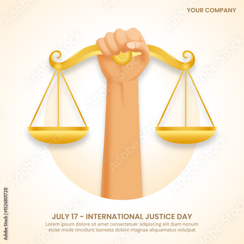 World Day for International Justice design with a hand and scales