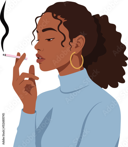 Woman with curly hair smoking cigarette in blue turtleneck sweater vector illustration 