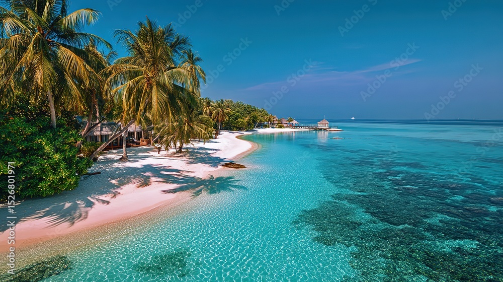 Fototapeta premium Idyllic tropical beach scene with pristine white sand turquoise water and lush palm trees perfect for vacation travel posters and websites
