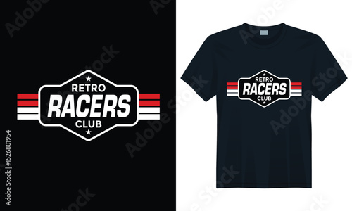 Retro racing club t-shirt design with bold vintage typography, red white stripes and speed emblem