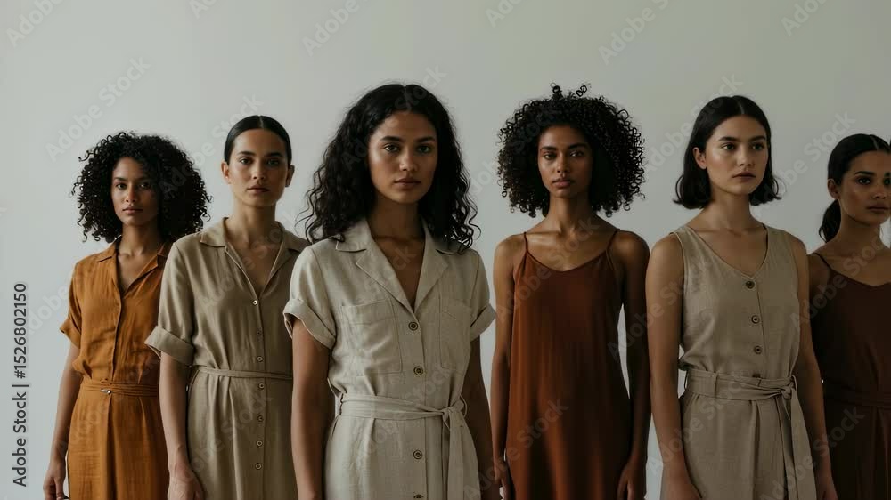 Diverse group of women standing in stylish outfits against minimalist backdrop Diverse group of women standing in stylish outfits against minimalist backdrop