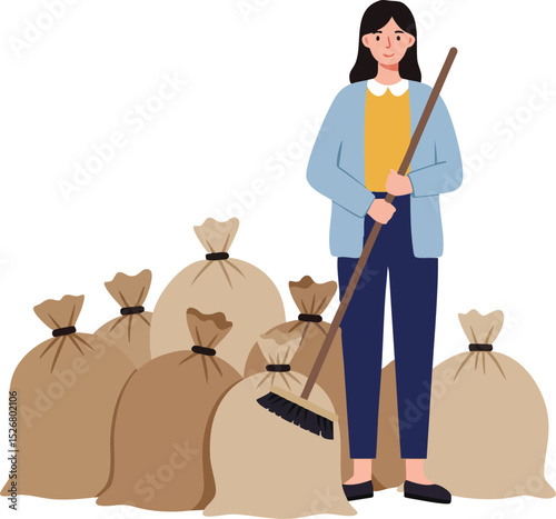 Woman holding broom standing next to large bags full of items cleaning and organizing space vector illustration 