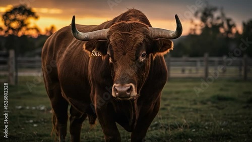 Majestic brown bull portrait in golden light grazing in rural meadow at sunrise