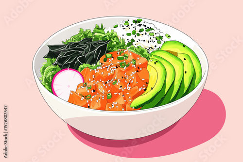 Colorful sushi bowl with salmon, avocado, and greens