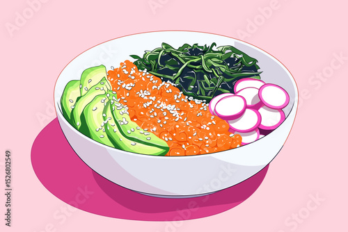 Colorful sushi bowl with salmon, avocado, and greens