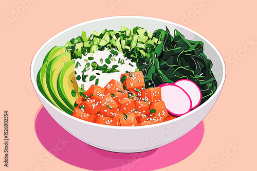 Colorful sushi bowl with salmon, avocado, and greens