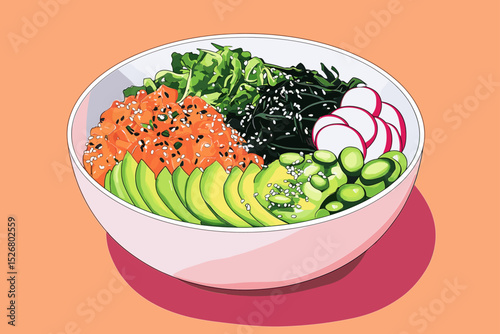 Colorful sushi bowl with salmon, avocado, and greens