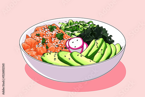 Colorful sushi bowl with salmon, avocado, and greens