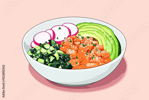 Colorful sushi bowl with salmon, avocado, and greens