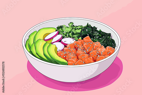 Colorful sushi bowl with salmon, avocado, and greens