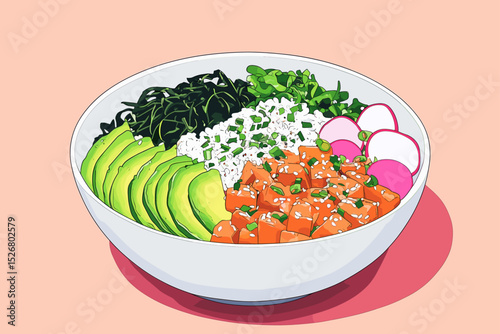 Colorful sushi bowl with salmon, avocado, and greens
