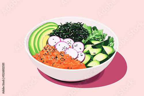 Colorful sushi bowl with salmon, avocado, and greens