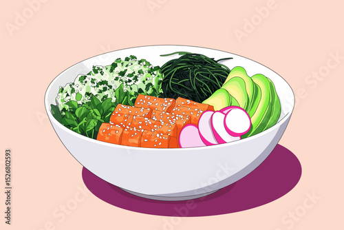 Colorful sushi bowl with salmon, avocado, and greens
