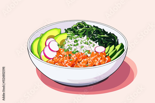 Colorful sushi bowl with salmon, avocado, and greens