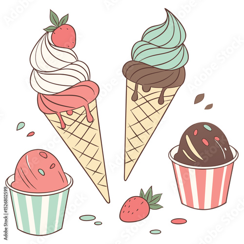 A delightful vector graphic showcasing various ice cream flavors in cones and cups, neatly arranged. Perfect for menus, dessert shops, or summer food promotions.