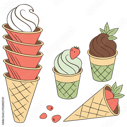 A delightful vector graphic showcasing various ice cream flavors in cones and cups, neatly arranged. Perfect for menus, dessert shops, or summer food promotions.