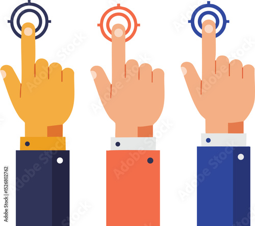 Three Hands Pressing Target Icons in Flat Style with Blue Orange and Navy Colors for User Interface Interaction Design 
