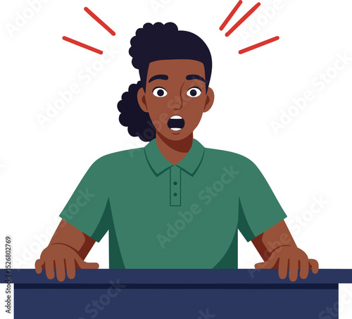 Surprised young man sitting at desk with shocked expression and red alert lines vector illustration 