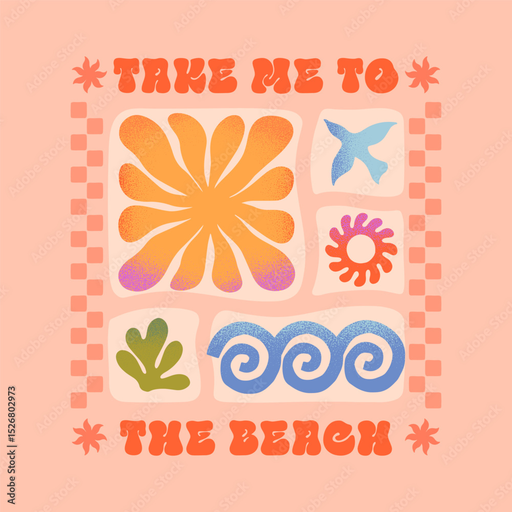 Naklejka premium Summer illustration with sea ocean waves,coral,sun,bird.Groovy boho beach,surf club retro aesthetic.Summer vacation background in simple funny style.Graphic print for t shirts,banners,covers,branding