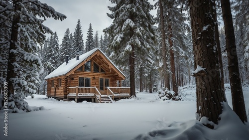 A small cabin is surrounded by snow and trees