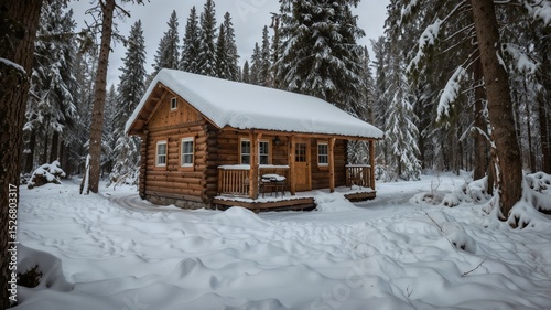 A small cabin is surrounded by snow and trees