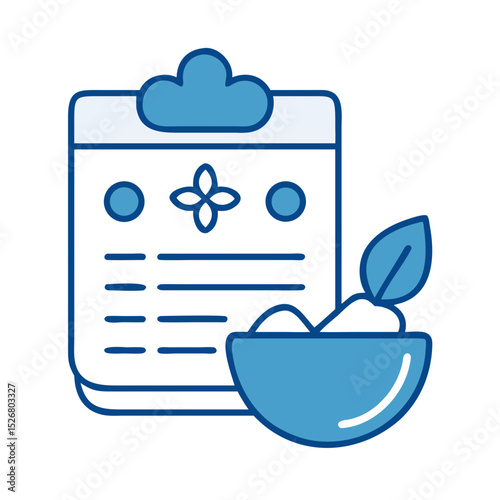 Healthy recipe note with a blue bowl and leaf decoration