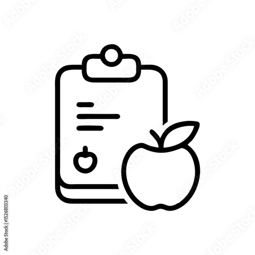 Healthy recipe icon featuring a clipboard and an apple on a white background